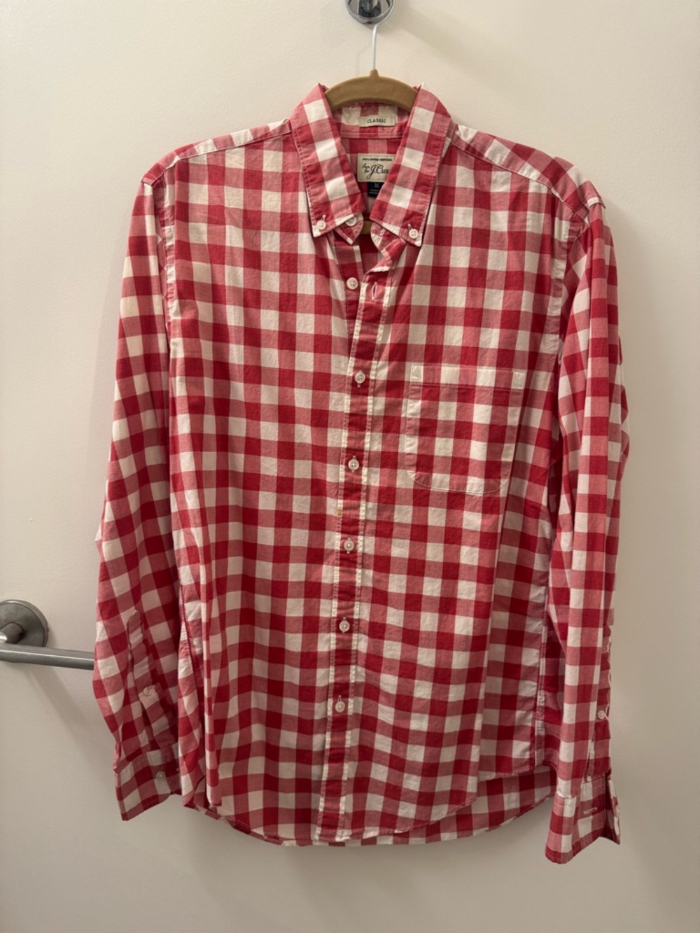 J. Crew Men’s Red and White Gingham Button-Down Shirt; size M